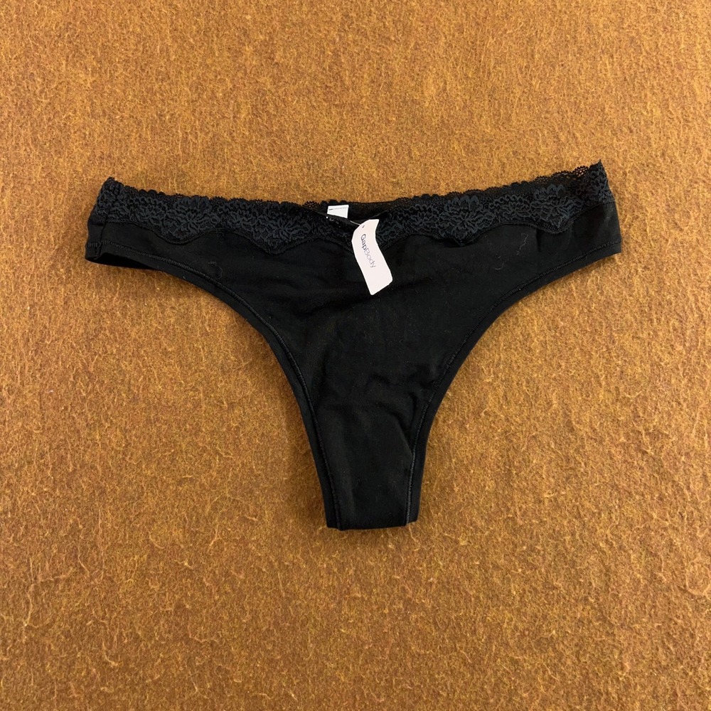 Gap Women Large Black Lace Trim Cotton Blend Thong Panty NWT